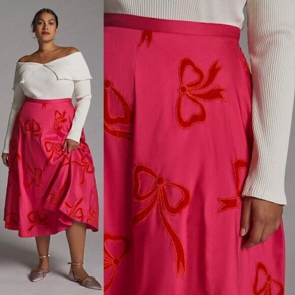ANTHROPOLOGIE Maeve Taffeta Bow Maxi Skirt Pink Red - Picture 5 of 8